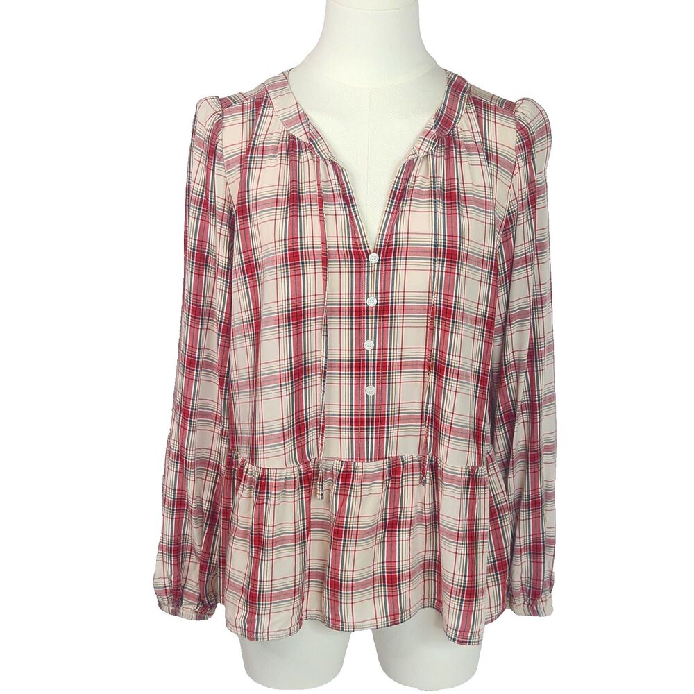 LOFT Outlet Plaid Blouse Cream Red Black Peplum Peasant Top Medium